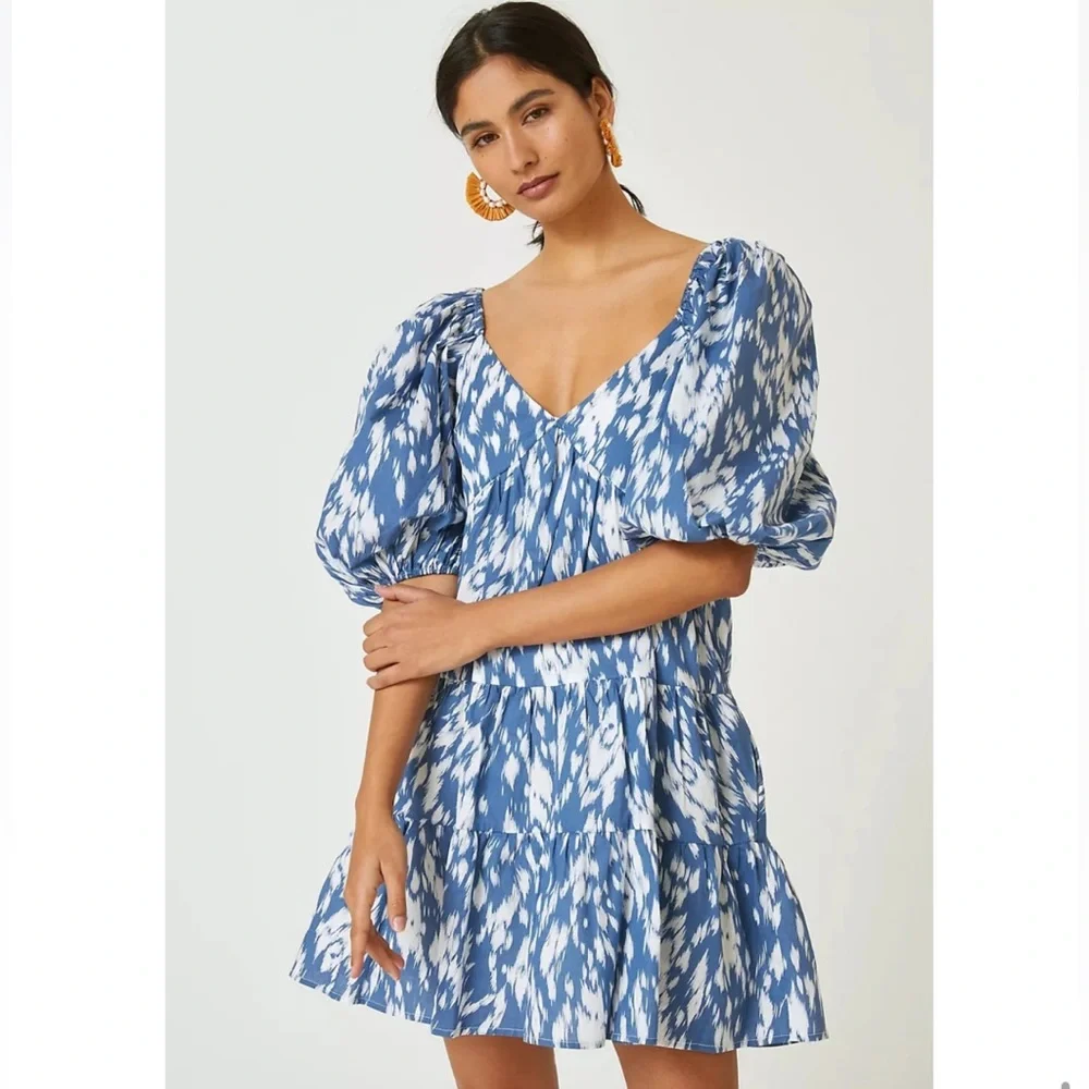 ANTHROPOLOGIE: Blue/White Puff Sleeve Tier Dress - Picture 1 of 5